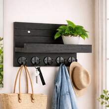 Wall Key Holder With Shelf - Rustic Wooden Mail Organizer With 5 Hooks For Entryway Storage Modern Farmhouse Home Decor Living Room Apartment Essentials - 1 Pack - View 16