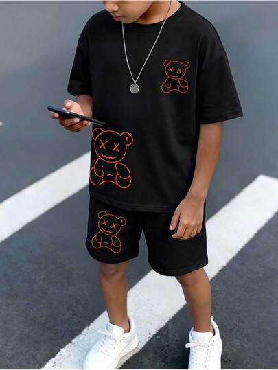 Tween Boy Panda Cartoon Print Short Sleeve T-Shirt & Shorts 2-Piece Set, Casual Streetwear, School, Sports