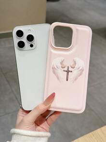 1个复活节天使翅膀十字架图案粉色皮革质感手机壳，兼容 17/16 Pro Max、Apple 15/14 Pro、Niche 13 Pro、韩国/日本12、女士13、极简主义17全包防震软壳 - 彩色 - 查看 2