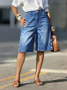 High Waist Wide Leg Denim Bermuda Shorts With Side Button Detail - Casual Summer Knee Length Denim Shorts - Medium Wash - View 1