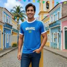 Men's Retro Brazil T-Shirt With Embroidered Design, Combed Cotton. - 藍色 - 查看 4