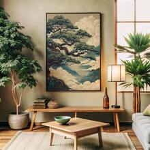 1幅带框/不带框抽象日式松树山景帆布海报，复古自然风景日式禅意墙面艺术印刷品，侘寂复古画作，适用于公寓、客厅、卧室、现代家居装饰 - A - 查看 2