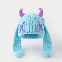 Unisex Thick Chunky Yarn Knit Beanie Hat Handmade Horn & Long Ear Devil Helmet Cap Warm Winter Knitted Hat - 黑紅 - 查看 3