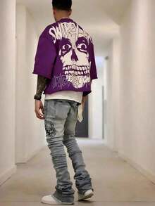 Y2K Style, Directional Printing, Cotton T-Shirt - Soft, Breathable, 100% Pure Cotton Fabric - Comfortable And Energetic Summer Street Style Short-Sleeved T-Shirt, Cool Design, Retro Summer Men's Daily Wear T-Shirt - 紫色 - 查看 5