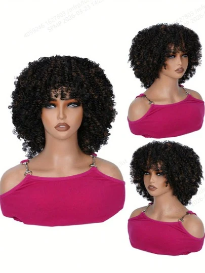 TOPSHE 12-Inch Afro Kinky Curly Wig For Women - Brown Ombre Wigs,Short Curly Wig,Heat Resistant Synthetic Hair, No Bangs,For Daily,Travel Essentials,Party,Gift& Casual Attire