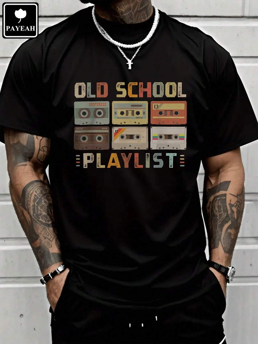 PAYEAH 80s Old School Retro Cassette Music Playlist 100% Heavy Cotton T-Shirt - 黑色 - 查看 1