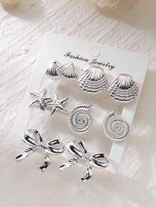 女士厚金几何纹理耳环套装，时尚简约海洋风耳钉，夏季海滩度假礼物，配饰 - 彩色 - 查看 13