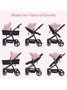 Cochecito y capazo convertible 2 en 1 para bebés: cochecito ligero para recién nacidos y niños pequeños, asiento extraíble, ruedas con amortiguación, cesta de almacenamiento grande, portavasos. - Rosa - Ver 7