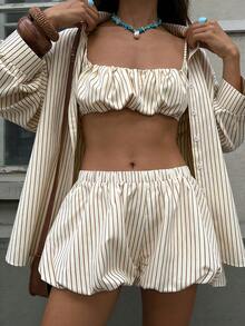 2026 Spring/Summer 3-Piece Set For Women, Striped Chic Retro Style Tube Top, High Waist Shorts, Long Sleeve Shirt, Apricot Color, Resort Wear, Beach Vacation Outfit, Y2K Style, Casual Outing Set, Holiday Matching Set, Street Fashion Elegant - Apricot - View 6