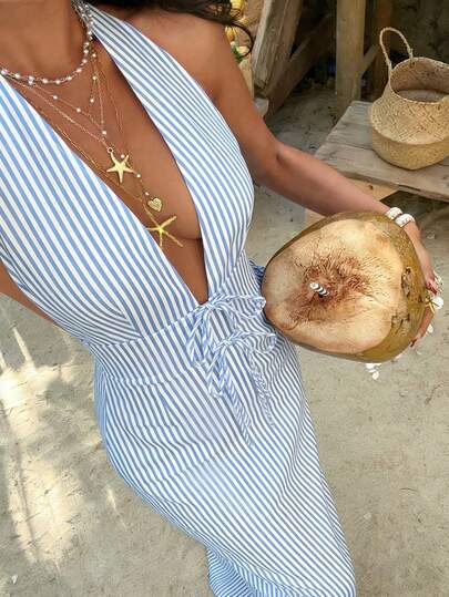 Vestido largo de mujer con estilo nuevo, cuello en V profundo, halter, sin mangas, con nudo delantero, estampado de bloques de color y rayas, vestido maxi elegante de moda casual para vacaciones, fiestas, playa, uso diario y salidas, primavera, verano, otoño