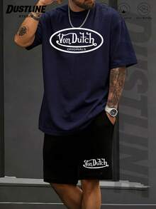 Mens Creative T Shirt And Shorts Set American Vintage Full Print Street Wear Essential T Shirt Set Men Graphic T Shirt And Shorts Set With Vons Dutchs Originals Logo Print Casual Outfit For Everyday Wear And Urban Style - Màu xanh hải quân - Xem 2