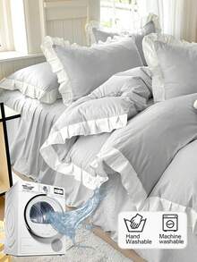 Juego de funda nórdica con volantes suaves de 3 piezas en gris y crema - Gris Claro - Ver 2