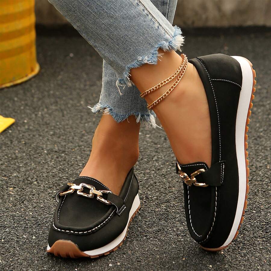 Loafers Women Fashion Chain Decorated Low Top Round Toe Shoes Casual Comfortable Lightweight Loafers Womens Shoes Spring Fall Flats Outdoor Walking Travel - 黑色 - 查看 1