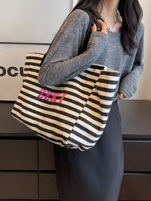 1pc Customized Striped Canvas Tote Bag, Printable With Your Name, Large Capacity Commuter Handbag, College Style Fits A4 Textbooks, Thick Canvas Anti-Wrinkle, Suitable For Office Ladies, Mothers, Beach Trips, Christmas Gift - Multicolor - View 3