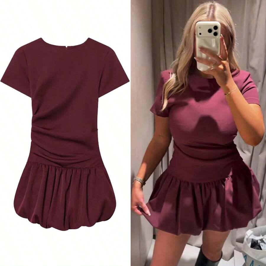  Women Casual Pleated Spliced Short Dress Spring Summer Women Slim Short Sleeve A-Line Puffy Dresses Female Holiday Dress Elegant Red - Red - View 1