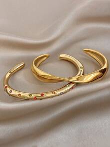18K Gold Plated Stainless Steel Edgy Cuff Bangle Bracelets Set With Multicolor Zirconia For Women, Wear On Wrist, Not Arm, Textured Boho Stackable Bangles, For Valentines, Party, Gala, Daily, Dating, Mardi Gras, New Years, Wedding, Beach, Christmas Anniversary, Elegant Mom Gift Boho Jewelry Birthday Bridesmaid Gift - Multicolor - View 4