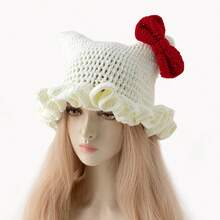 Women's Cat Ear Ruffle Edge Knit Bucket Hat Handmade Crochet Knit Beanie  Warm Cap - White - View 2