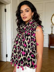 1pc Leopard Print Scarf, Fashion Women's Silk Shawl With Tassels, Versatile Sunscreen Wrap - Hot Pink - View 2