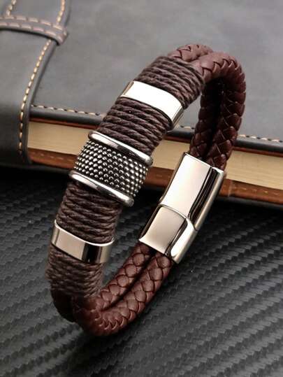 Men's Multilayer Braided Leather Bracelet, Vintage Beaded & Magnetic Clasp Wristband For Daily Wear