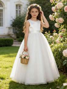 少女优雅露背蝴蝶结仿珍珠网纱无袖长裙，适合花童、生日派对、舞台表演、婚礼、舞会、毕业典礼、复活节、假期等场合。 - 白色 - 查看 2