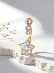 1 chiếc khuyên rốn hình hoa tối giản đính đá Zirconia với hai viên đá Zirconia. - Vàng - Xem 1