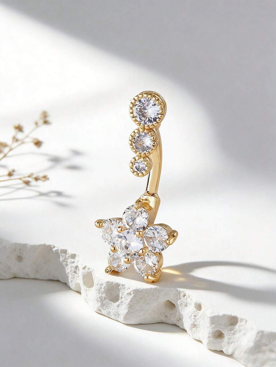 1 chiếc khuyên rốn hình hoa tối giản đính đá Zirconia với hai viên đá Zirconia. - Vàng - Xem 1