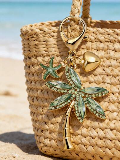 Handmade Woven Coconut Tree Pendant With Heart And Starfish Elements, Boho Vacation Style. Woven Rattan Pendant, Alloy Ocean Pendant, Hawaiian Style. Suitable For Backpack, Wallet, Earphone Case Decoration, Car Pendant, Fashion Minimalist Accessory, Oil Drop Jewelry. Suitable For Women's Daily Wear