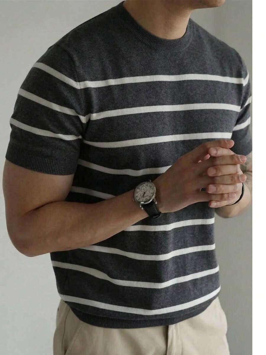 Men's Short Sleeve Knit Contrast Striped Sweater, Retro Lightweight Pullover Knit Top T-Shirt, Casual Commuter Wear For Summer