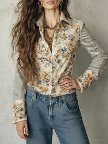 Floral & Leaf Print Long Sleeve Shirt With Ruffle Collar, Everyday Wear Vacation - Multicolor - View 4