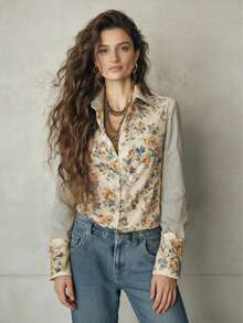 Floral & Leaf Print Long Sleeve Shirt With Ruffle Collar, Everyday Wear Vacation - Multicolor - View 6