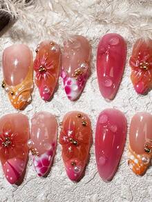 Luxury Handmade 3D Floral Nail Art, 3D Blooming Floral Nail Design, Spring Nail, Almond Shape Medium Length False Nails For Women - Hot Pink - View 3