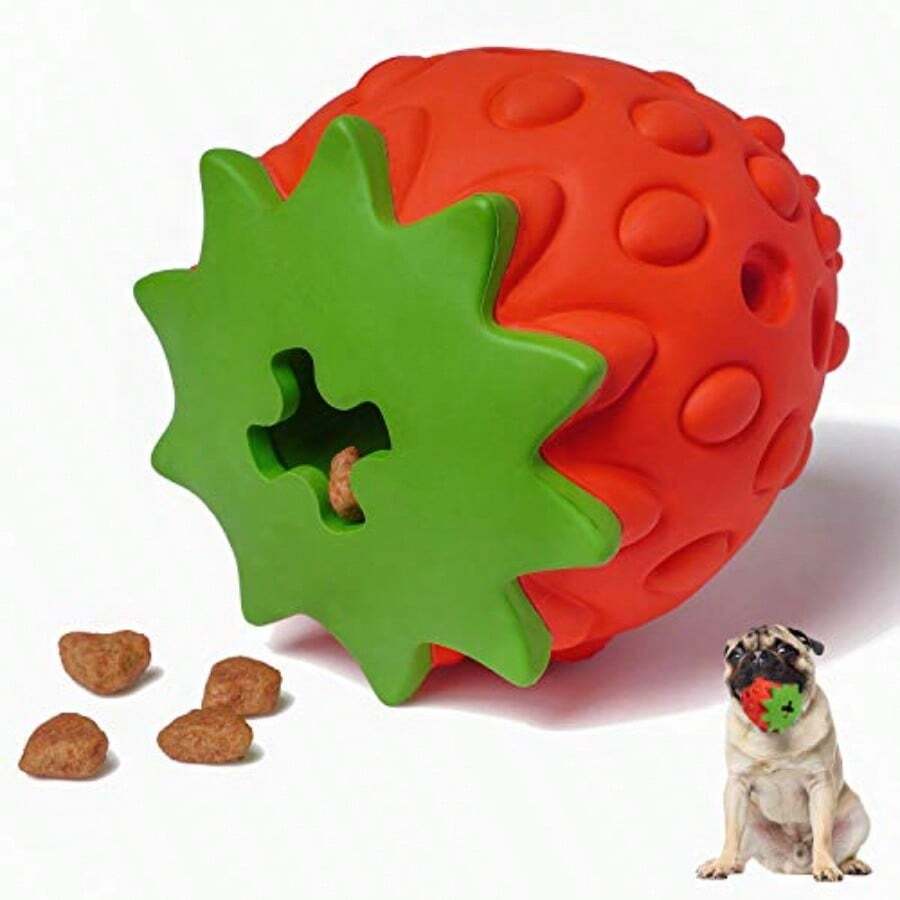 QILP Interactive Rubber Dog Puzzle Toy For Teeth Cleaning With Treat Diensing Multicolor Suitable For Small Medium And Large Breeds Enhances Mental Stimn And Chew Satiacn - 紅熟草莓 - 查看 1