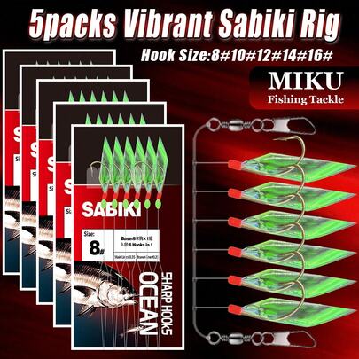 5 Pack Vibrant Sabiki Rig, Bionic Lures With Glow Beads, Effective Fishing Rig For Sea Bass, Cod, Croaker, Sardine, Mackerel, Fishing Accessories