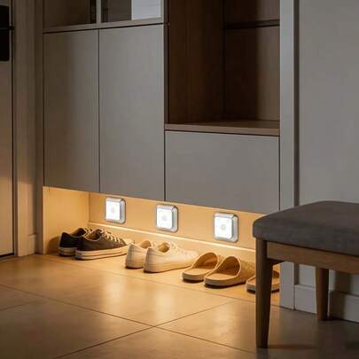 1/2/3/4pcs Motion Sensor Stair Wall Lights, 6 LED White Light Smart PIR Night Lights, Outdoor/Indoor Decorative Floodlights With Rechargeable Battery (Batteries Not Included), Portable Double-Sided Adhesive Installation, Minimalist European And American Style Home Decor Lighting For Cabinet, Corridor, Bedside, Staircase, Wardrobe, Kitchen