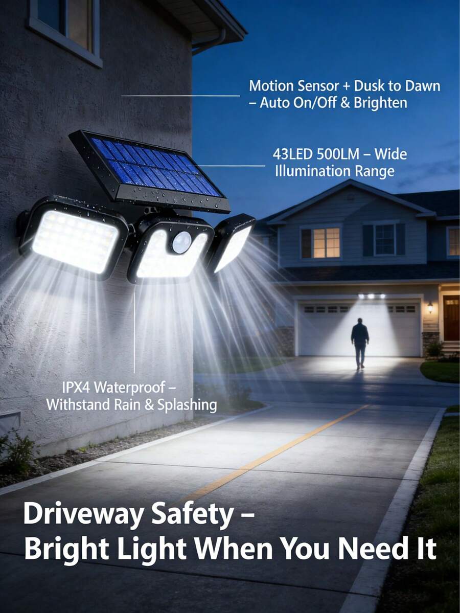 2pcs 74 LED Outdoor Solar Motion Sensing Light, Solar Floodlight Motion Detection Spotlight, Suitable For Garage Entrance Terrace, IP44 Waterproof Halloween, Christmas, Thanksgiving Gift, 800mAh - đen - Xem 1