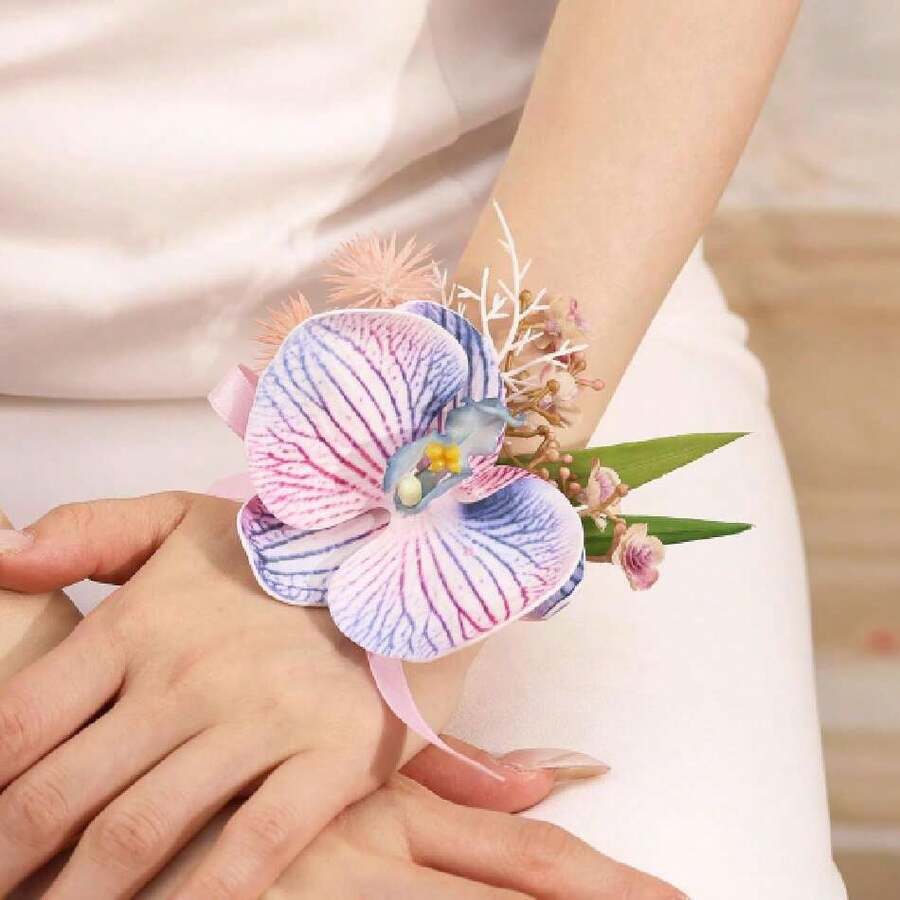 Flower Wrist Corsage Wedding Bridal Prom Artificial Moth Orchid Ribbon Wristlet Bridesmaid Hand Dr Wristband For Hoing Ceremony Party (Orchid -  Brown),44372779 - 藍色 - 查看 1
