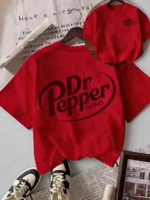 Women Vintage Soda Logo Print Crew Neck T-Shirt, Loose Drop Shoulder Short Sleeve Top, All Season Streetwear Casual Tee For Spring & Summer - 紅色 - 查看 7