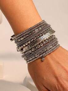Women's Retro Multi-Layer Wrap Bracelet - Adjustable Layered Design With Distressed Golden-Tone Beads & Black/Brown/Copper Tones, All-Season Daily & Party Jewelry, Stackable Statement Piece For Teens & Adults, Durable Comfortable Fit, Intricately Woven Beads In Earthy Tones, Vintage For Casual & Festive Wear, Suitable For All Seasons, No Plating Required, Wide Bracelets For Plus Size Women - 銀色 - 查看 7