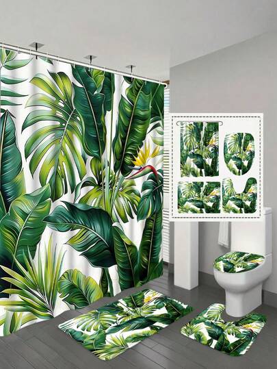 1/4pcs High Quality Polyester Shower Curtain Set With Hooks - Tropical Rainforest Watercolor Pattern, Banana Leaves And Flowers, Multiple Sizes Available, Bathroom Decor, Machine Washable, Bathroom Curtain, Easy Hang Window Curtain, Vibrant Decoration, Durable Fabric, Home Spa Decor, Botanical Print, Easy Care Material, Decorative Window Curtain, Home Decor