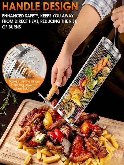 Bộ dụng cụ nướng BBQ bằng thép không gỉ 304 với tay cầm bằng gỗ, vỉ nướng BBQ di động bằng thép không gỉ, thiết kế chống bỏng (vỉ nướng + xiên + móc), bộ dụng cụ nướng BBQ, đồ dùng cần thiết cho nướng BBQ ngoài trời di động, phụ kiện cắm trại và nướng BBQ ngoài trời, giỏ nướng BBQ ngoài trời có nắp đậy, thích hợp cho cắm trại và nướng BBQ ngoài trời, dụng cụ nướng BBQ thiết yếu, tuyệt vời cho Ngày của Cha, Giáng sinh, Halloween, kỳ nghỉ hè.