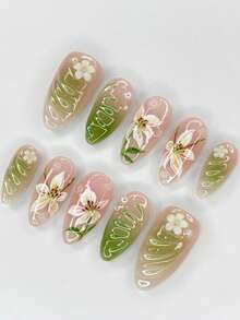 30片绿色渐变百合花美甲贴片，杏仁形，手绘百合花和3D立体花朵图案，亮面全覆盖，珍珠点缀，适合女性和女孩，春季亚克力美甲，日常及节日佩戴。 - 綠色 - 查看 8
