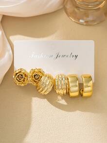 6-18件套金银玫瑰花耳环套装，包含大号C形、纹理C形和光滑C形耳环，适合日常及节日佩戴，UV电镀不褪色，ABS树脂材质。 - 彩色 - 查看 2