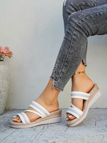 Women's Summer Fashion Wedge Thick Bottom White Woven Rhinestone Decor Sandals, Casual Comfortable Versatile Outdoor Wear Open Toe Non-Slip Beach Sandals, Vacation Style Slip-On Solid Color Sandals - White - View 6