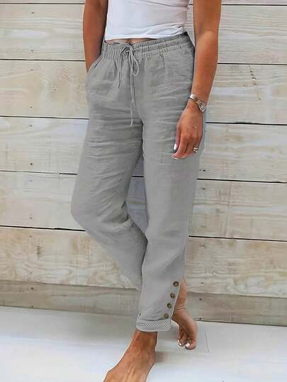 Women's Polyester Straight-Leg Pants, Drawstring Waist, Button Decor Spring