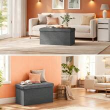 Sitzbank mit Stauraum 76cm, Truhe mit stauraum 118L Faltbar, Sitztruhe Sitzbox Aufbewahrungsbox klappbare, Bettbank Schlafzimmer, belastbar bis 300 kg, aus Leinen, Grau - Grau / 76 x 38 x 38 cm - Übersicht 6