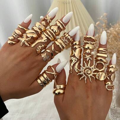 20/14/6件套复古优雅波西米亚风女士不对称几何海星、向日葵、心形、水滴、珍珠金属戒指套装，镂空设计多元素，适合女性日常、派对、海滩、约会、节日礼物（随机发货）