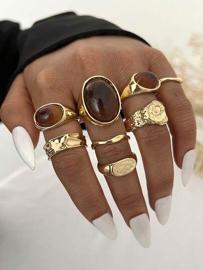 Bộ 8/4 chiếc nhẫn xếp chồng bằng kim loại kiểu đồng xu Bohemian cổ điển thanh lịch, bao gồm đá mắt hổ nâu, thiết kế đa yếu tố hình elip hình học bất đối xứng, phù hợp cho phụ nữ đeo hàng ngày, dự tiệc, gặp gỡ thường ngày, đi nghỉ mát và các dịp khác, quà tặng ngày lễ.