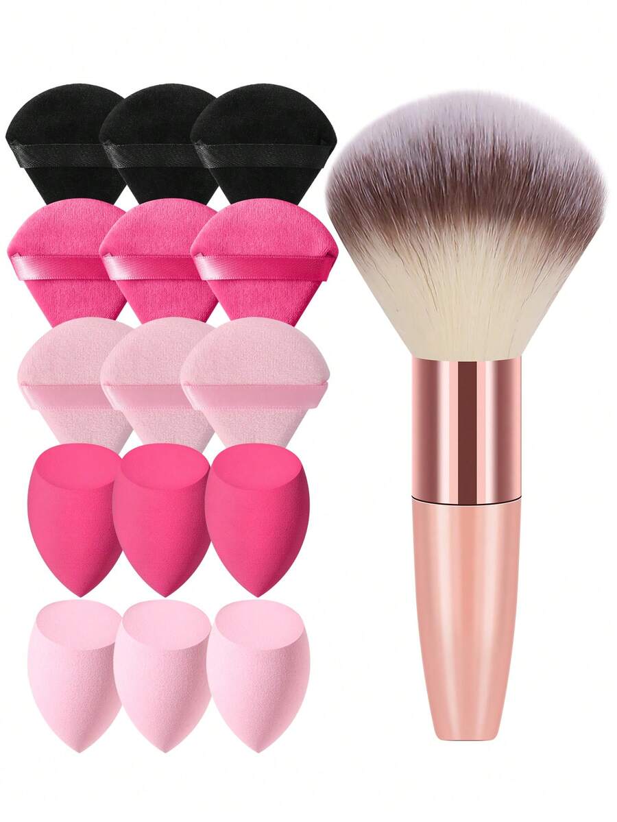 16件套化妆工具套装，包括：1支化妆刷+9个三角粉扑+6个化妆海绵 - 彩色 - 查看 1