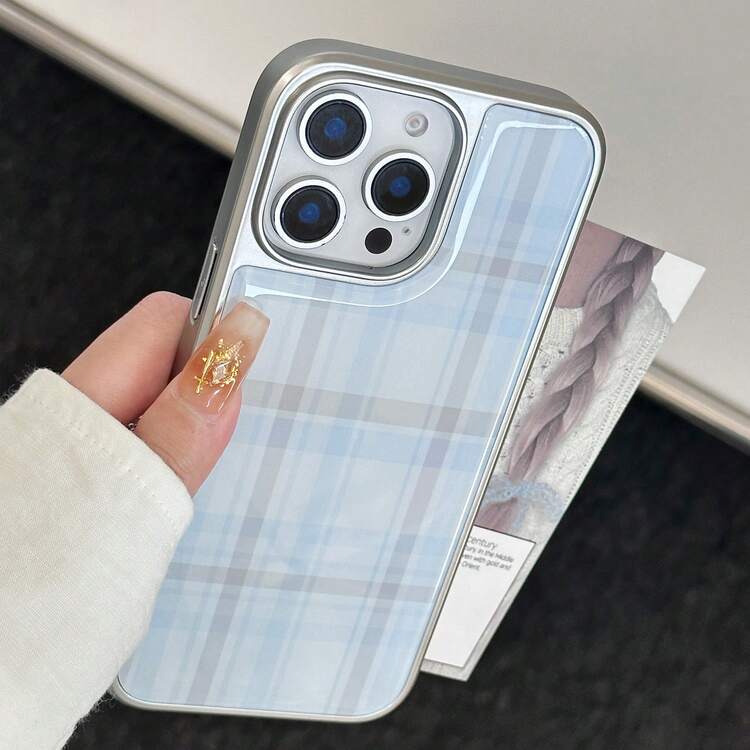 Fashionable Cute Plaid Glossy Resin Soft Phone Case, Suitable For IPhone 17 Air, 16, 15, 14, 13, 12, 11 Pro Max, 16, 15, 14 Plus, Minimalist Creative Shock-Proof Back Cover - Light Blue - View 5