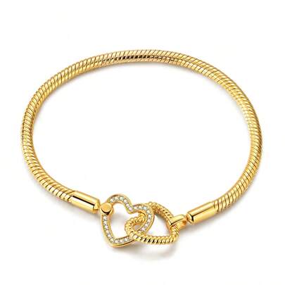 1pc Gold Romantic Heart Lock Design Charm Bracelet - Versatile Snake Chain Bracelet Suitable For Customized Beads & Pendants - Perfect For Daily Wear Or Anniversary Gift